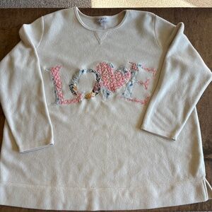 Womens 1X 22/24 fleece sweatshirt up cycled with vintage quilt LOVE appliqué